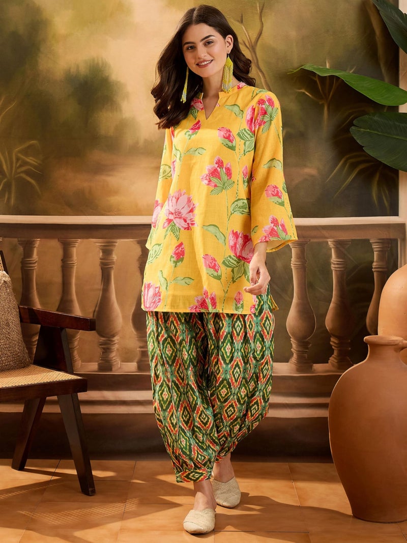 EthnicJunction Women's Linen Floral Print Summer Wear Straight Short Kurti with Afghani Pant Set | Kurta Pant Set | Office wear Kurta Set | Vacation wear Kurta Set Yellow - Image 5