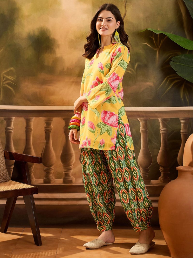 EthnicJunction Women's Linen Floral Print Summer Wear Straight Short Kurti with Afghani Pant Set | Kurta Pant Set | Office wear Kurta Set | Vacation wear Kurta Set Yellow - Image 4