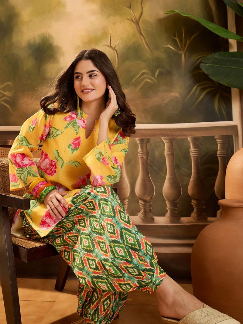 EthnicJunction Women's Linen Floral Print Summer Wear Straight Short Kurti with Afghani Pant Set | Kurta Pant Set | Office wear Kurta Set | Vacation wear Kurta Set Yellow - Image 2