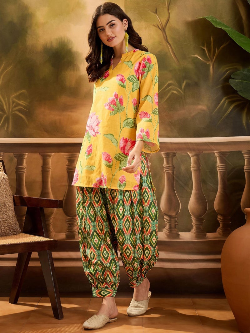 EthnicJunction Women's Linen Floral Print Summer Wear Straight Short Kurti with Afghani Pant Set | Kurta Pant Set | Office wear Kurta Set | Vacation wear Kurta Set Yellow - Image 3
