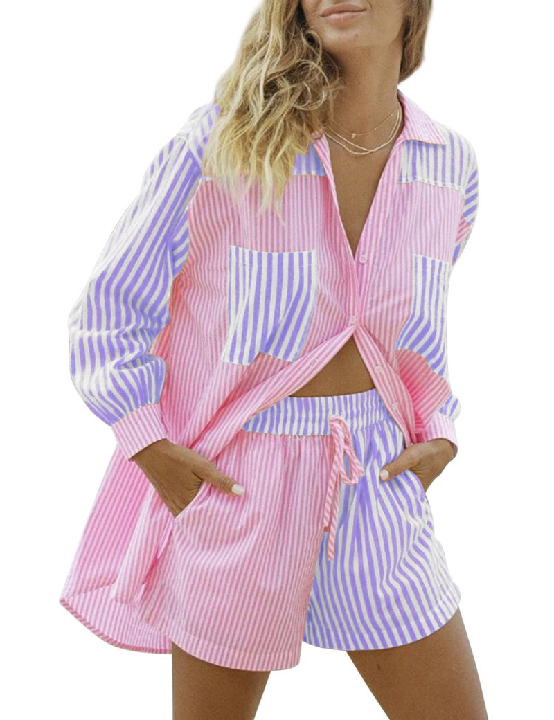 SAFRISIOR Women’s 2 Piece Casual Tracksuit Outfit Sets Stripe Long Sleeve Shirt And Loose High Waisted Mini Shorts Set (Large, Pink&Purple) - Image 2