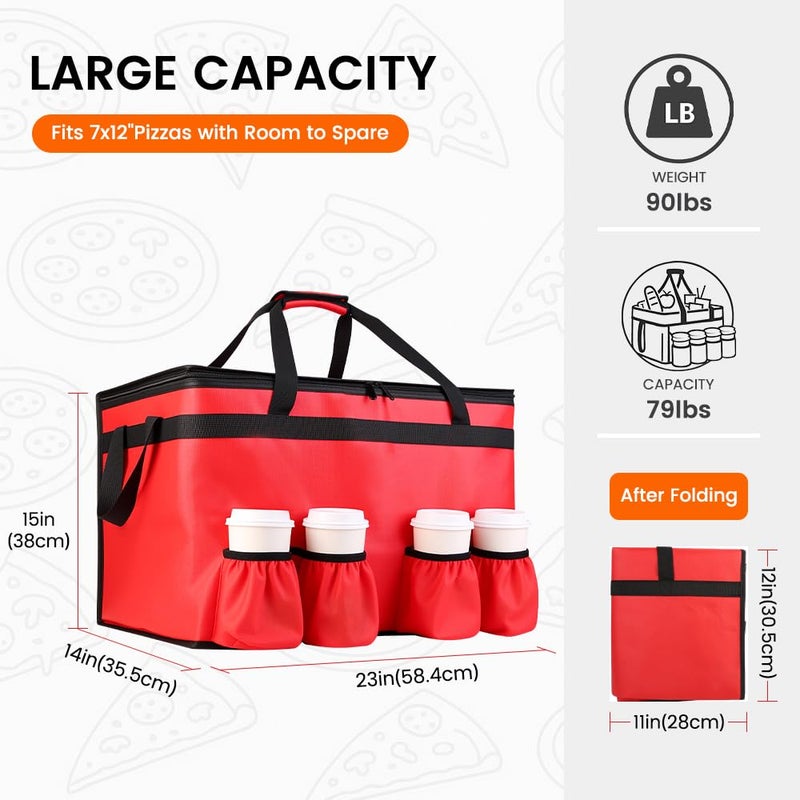 CIVJET Insulated Food Delivery Bag with 4 Cup Holders, XXX-Large Insulated Grocery Bags Keep Food Hot/Cold, Cooler Bags with Drink Carrier, Food Carrier Catering Bag, Commercial Food Warmers, Red - Image 2