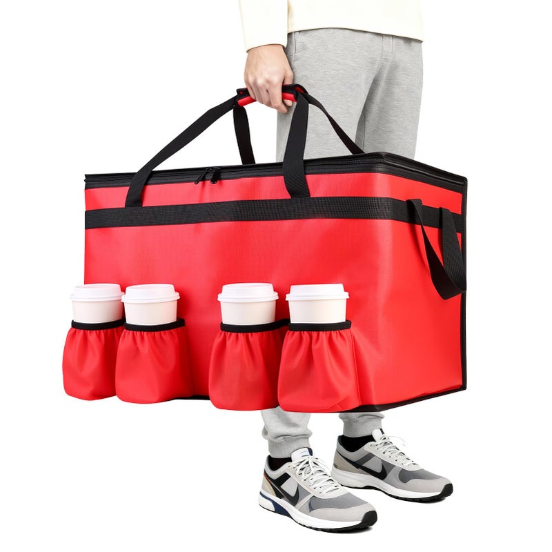 CIVJET Insulated Food Delivery Bag with 4 Cup Holders, XXX-Large Insulated Grocery Bags Keep Food Hot/Cold, Cooler Bags with Drink Carrier, Food Carrier Catering Bag, Commercial Food Warmers, Red - Image 1