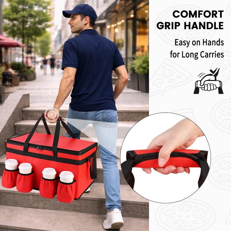 CIVJET Insulated Food Delivery Bag with 4 Cup Holders, XXX-Large Insulated Grocery Bags Keep Food Hot/Cold, Cooler Bags with Drink Carrier, Food Carrier Catering Bag, Commercial Food Warmers, Red - Image 4