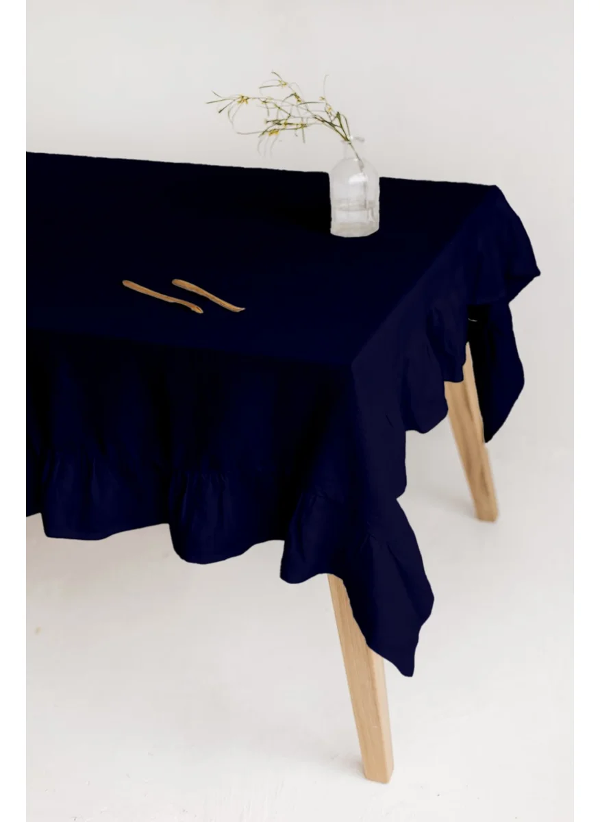 Wellstil Ruffle | Linen Ruffle Navy Blue Tablecloth 160 x 220 cm