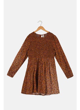 Kids Girl Allover Print Dress, Brown Combo