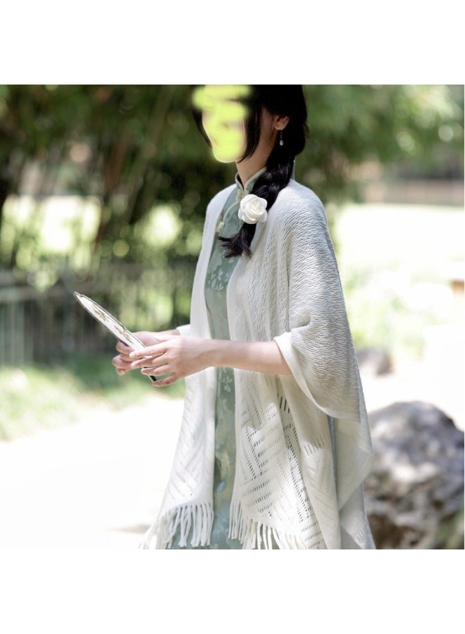 Outdoor Ethnic Style Shawl, Fashionable And Versatile Solid Color Scarf, Knitted And Carved Tassel Shawl - Image 1