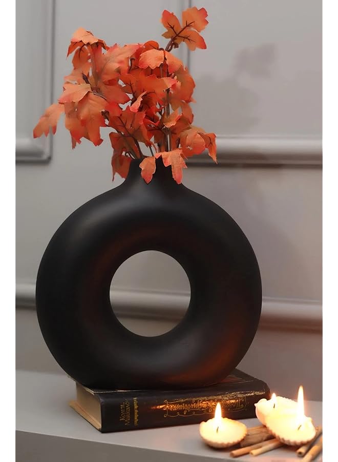 The Bros 1 piece Black Modern Circle Ceramic Vase, Nordic Circular Matte ​Hollow Donut Flower Vases Decorative Minimalist Art Style for Home Living Room Office Kitchen Table Decor (Medium) - Image 1