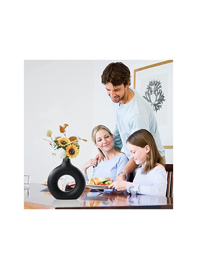 The Bros 1 piece Black Modern Circle Ceramic Vase, Nordic Circular Matte ​Hollow Donut Flower Vases Decorative Minimalist Art Style for Home Living Room Office Kitchen Table Decor (Medium) - Image 3