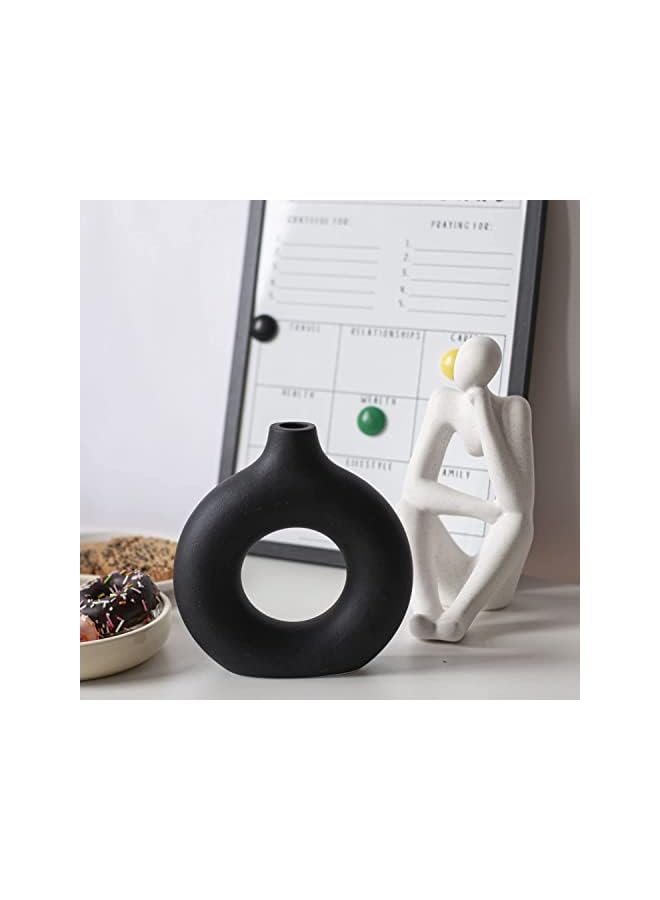 The Bros 1 piece Black Modern Circle Ceramic Vase, Nordic Circular Matte ​Hollow Donut Flower Vases Decorative Minimalist Art Style for Home Living Room Office Kitchen Table Decor (Medium) - Image 4