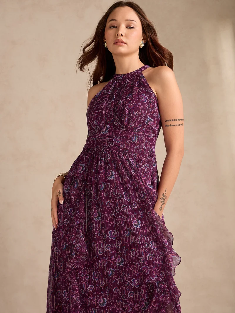 Outzidr  Purple High Neck Flared Dress With Delicate Floral Print for Women | Best Price UAE