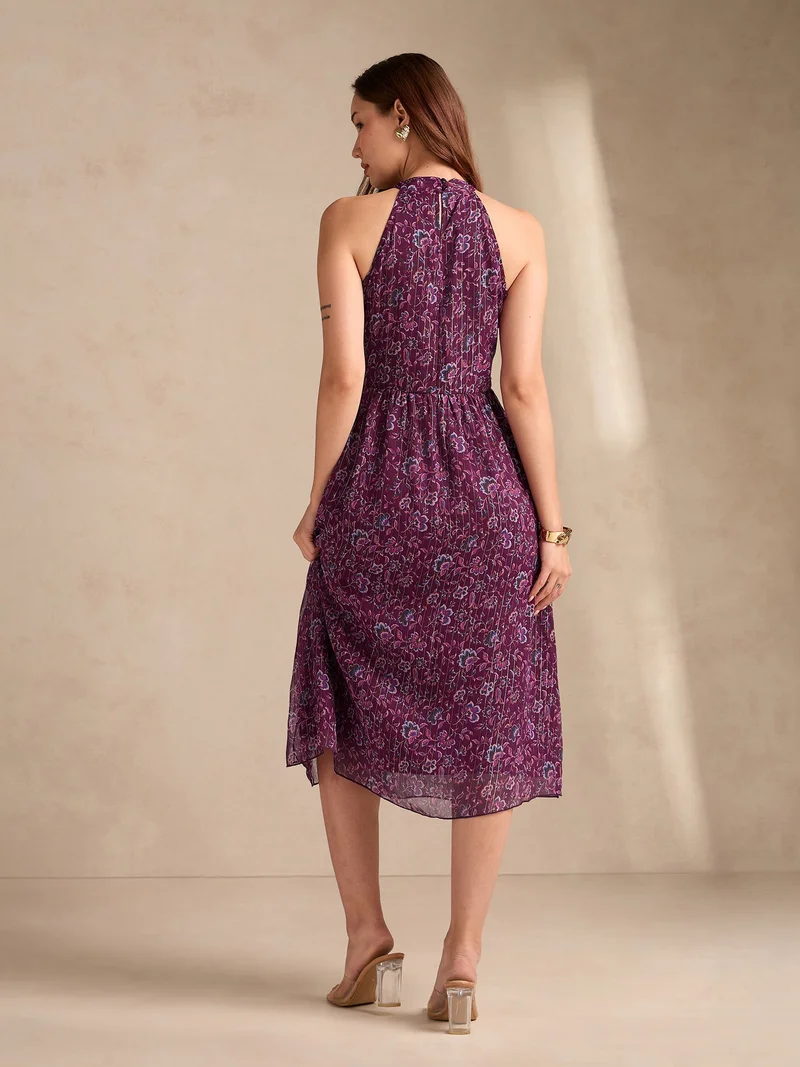 Outzidr  Purple High Neck Flared Dress With Delicate Floral Print for Women | Best Price UAE