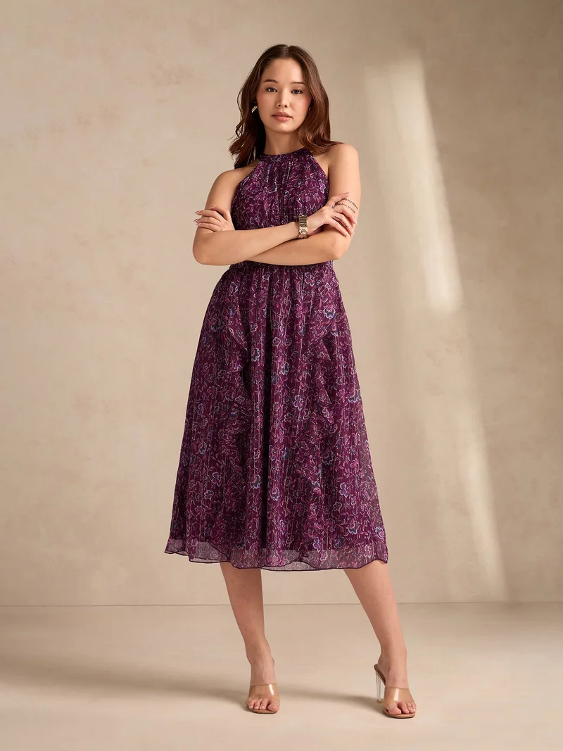 Outzidr  Purple High Neck Flared Dress With Delicate Floral Print for Women | Best Price UAE