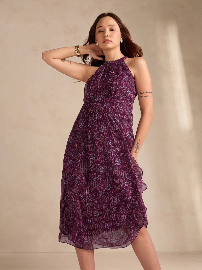 أوجيدر فستان بنفسجي بياقة عالية وتنورة واسعة وطبعة زهور رقيقة