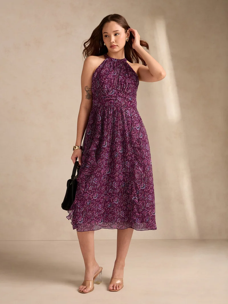 Outzidr  Purple High Neck Flared Dress With Delicate Floral Print for Women | Best Price UAE