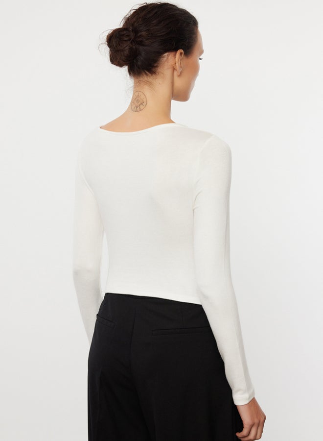 trendyol Ecru Boat Neck Slim/Fitting Regular Length Knitted Blouse - Image 5