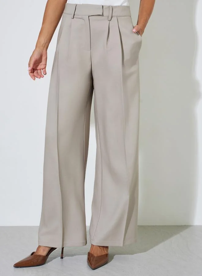 Styli Grey Solid Wide Leg Mid Rise Tailored Pants
