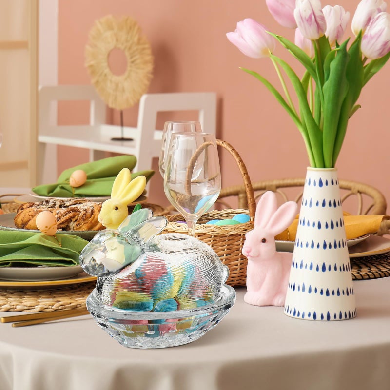 Remerry 3 Pcs Easter Candy Dish Glass Bunny Candy Bowls with Lid Cute Clear Rabbit Cookie Jars Decorative Desserts Storage Containers for Home Easter Spring Party Gift Table Decoration - Image 4
