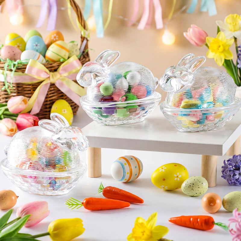 Remerry 3 Pcs Easter Candy Dish Glass Bunny Candy Bowls with Lid Cute Clear Rabbit Cookie Jars Decorative Desserts Storage Containers for Home Easter Spring Party Gift Table Decoration - Image 3