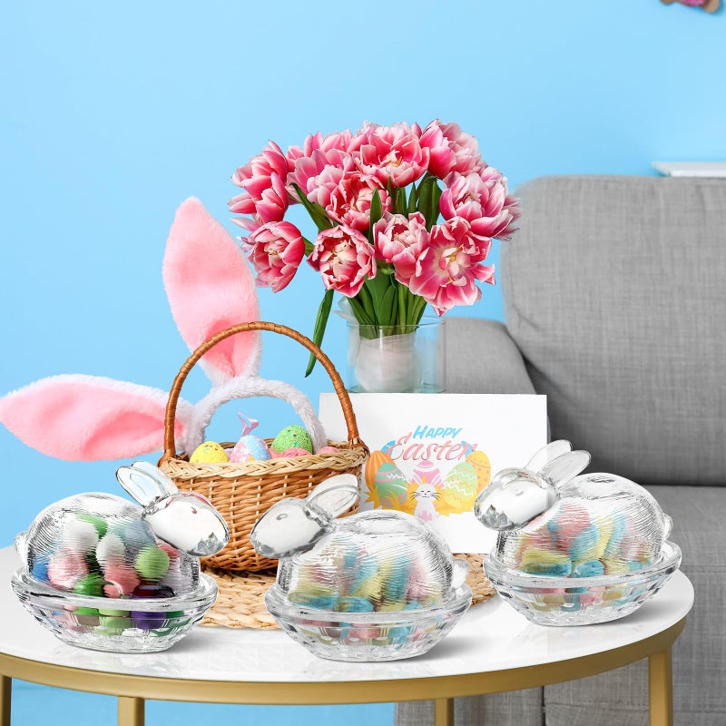 Remerry 3 Pcs Easter Candy Dish Glass Bunny Candy Bowls with Lid Cute Clear Rabbit Cookie Jars Decorative Desserts Storage Containers for Home Easter Spring Party Gift Table Decoration - Image 5