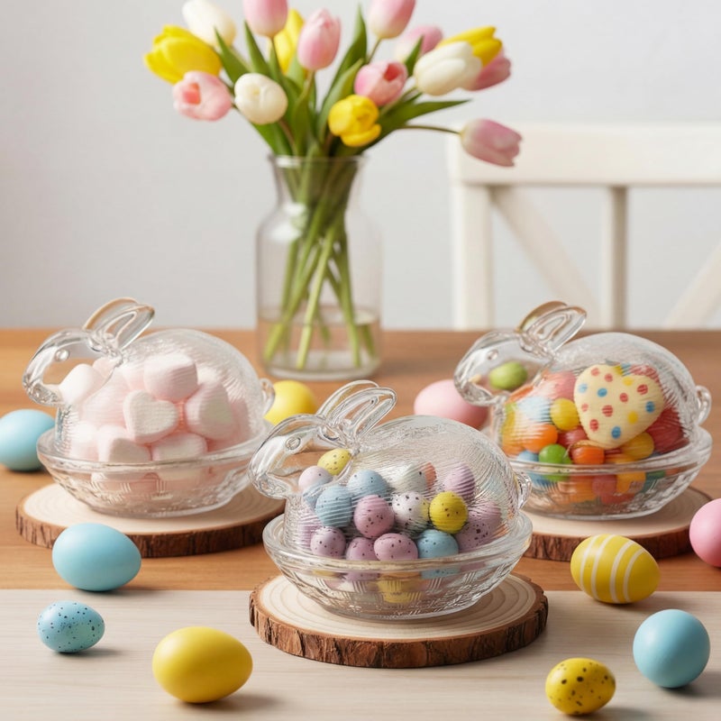 Remerry 3 Pcs Easter Candy Dish Glass Bunny Candy Bowls with Lid Cute Clear Rabbit Cookie Jars Decorative Desserts Storage Containers for Home Easter Spring Party Gift Table Decoration - Image 1