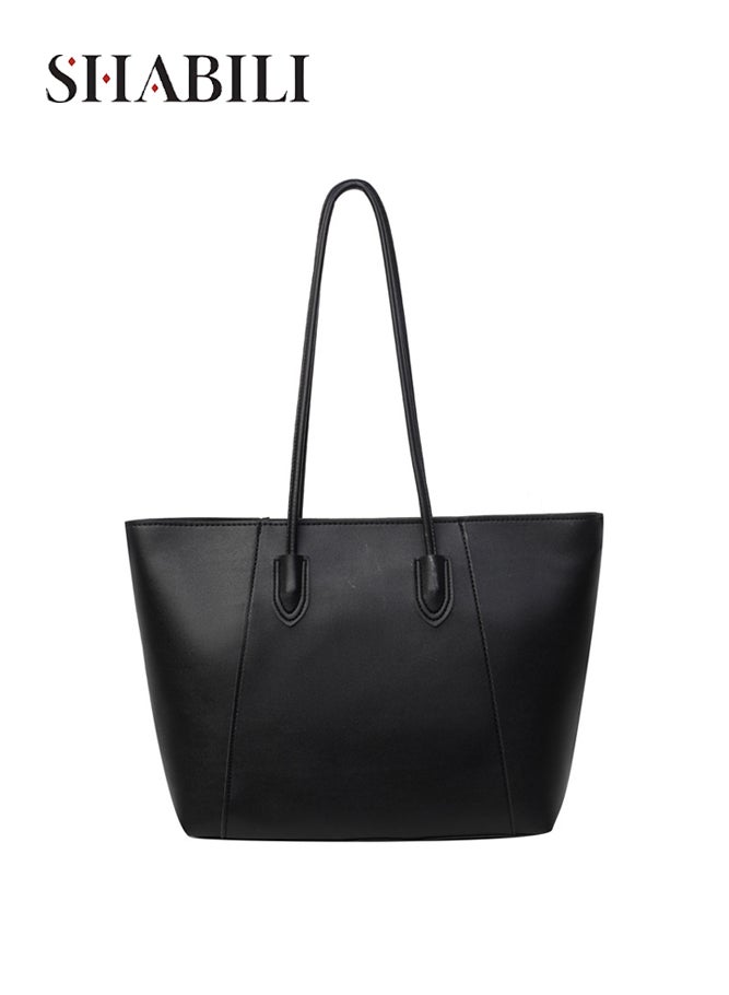SHABILI Women's PU Tote Bags Handbag, Ladies Large Capacity Shoulder Bag Carry Bag with Double Handles and Smooth Finish, for Work Commuting Shopping Travel Fits Laptop Tablet Wallet Essentials (Black) - Image 1