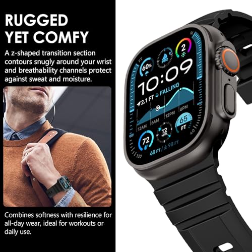 NewWays Sports Rugged Silicone Rubber Band for Apple Watch Ultra 3 2 49mm Series11 10 46mm 45mm 44mm, Rocky Point Band for iWatch Ultra Series 11 10 9 8 7 6 5 4 SE, Black with Black Hardware - Image 4