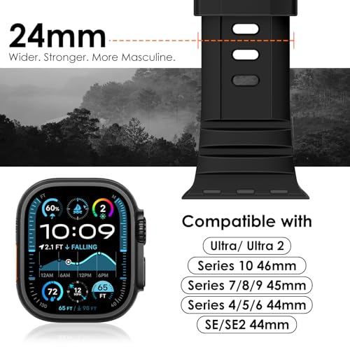 NewWays Sports Rugged Silicone Rubber Band for Apple Watch Ultra 3 2 49mm Series11 10 46mm 45mm 44mm, Rocky Point Band for iWatch Ultra Series 11 10 9 8 7 6 5 4 SE, Black with Black Hardware - Image 2