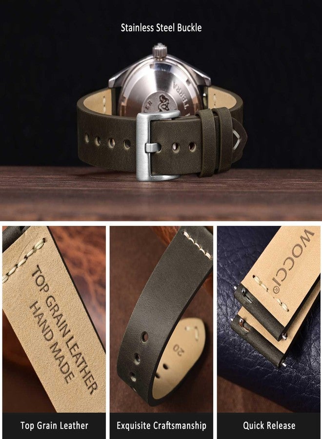 WOCCI 20mm Old-fashioned Watch Band for Men, Top Grain Leather, Silver Brushed Buckle (Grey Brown) - Image 3