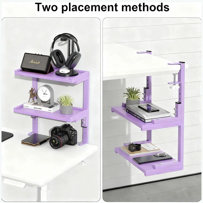 OUTIOE 2-Tier Desk Shelf, Expandable Under Desk Storage, Clamp on Desk Shelf, Desktop Accessories for Offices, Study Rooms, and Game Rooms (Purple) - Image 4
