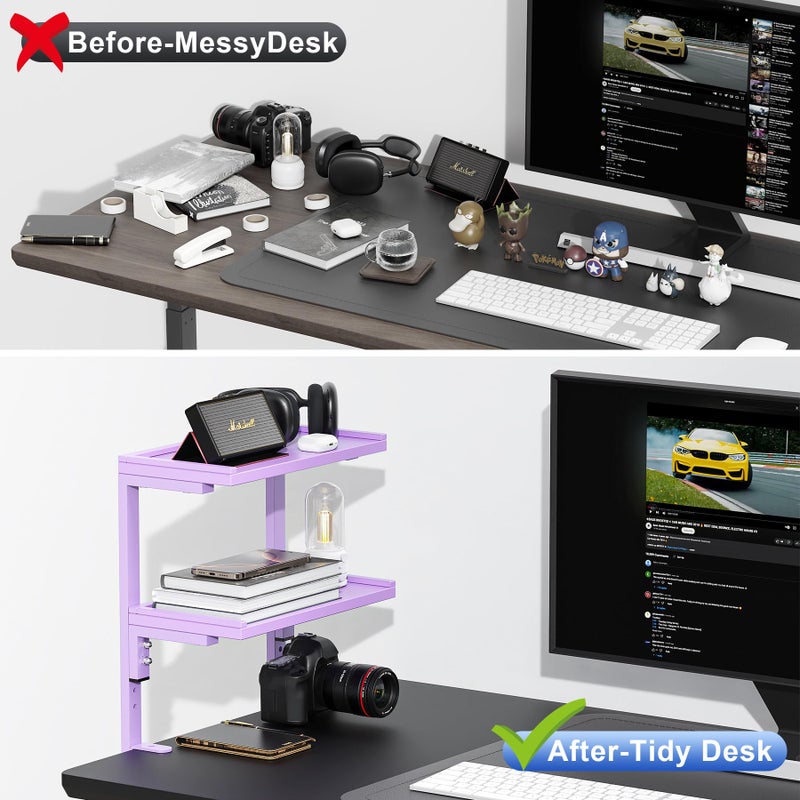 OUTIOE 2-Tier Desk Shelf, Expandable Under Desk Storage, Clamp on Desk Shelf, Desktop Accessories for Offices, Study Rooms, and Game Rooms (Purple) - Image 2