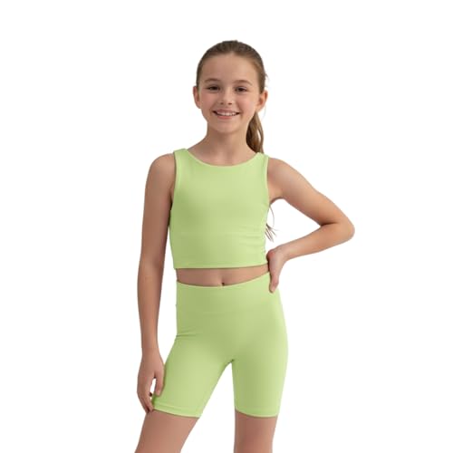 WELAKEN Girls 2 Piece Athletic Outfits Kids Yoga Crop Tank Top & Biker Shorts Sets,Green,10Y - Image 1