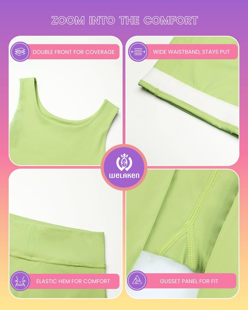 WELAKEN Girls 2 Piece Athletic Outfits Kids Yoga Crop Tank Top & Biker Shorts Sets,Green,10Y - Image 5