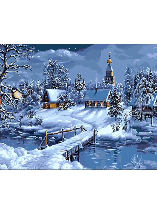 NIBEMINENT Cottage In Snow Pattern DIY Canvas Oil Painting Kit White/Black/Blue 12x16inch - Image 1