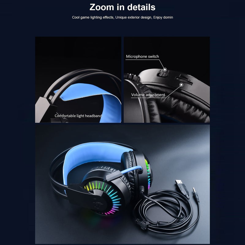 أوفلينج سماعة رأس سلكية للألعاب مع إضاءة LED RGB حمراء عبر USB - سماعة أذن محيطية بتقنية الصوت المحيطي 3.5 ملم مع ميكروفون عازل للضوضاء للحواسيب الشخصية والمحمولة وماك وأجهزة الألعاب - Image 4