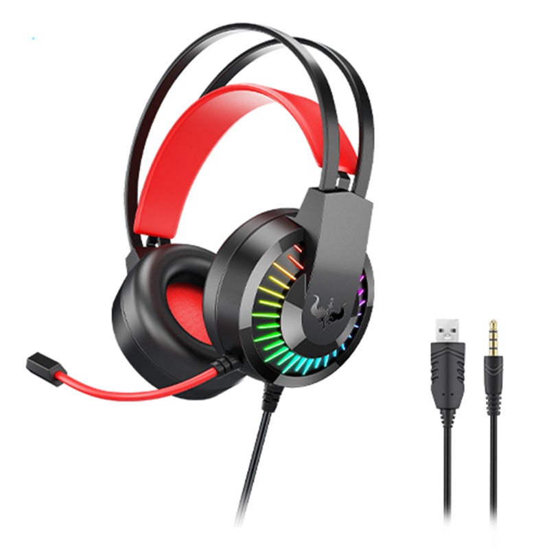 أوفلينج سماعة رأس سلكية للألعاب مع إضاءة LED RGB حمراء عبر USB - سماعة أذن محيطية بتقنية الصوت المحيطي 3.5 ملم مع ميكروفون عازل للضوضاء للحواسيب الشخصية والمحمولة وماك وأجهزة الألعاب - Image 1