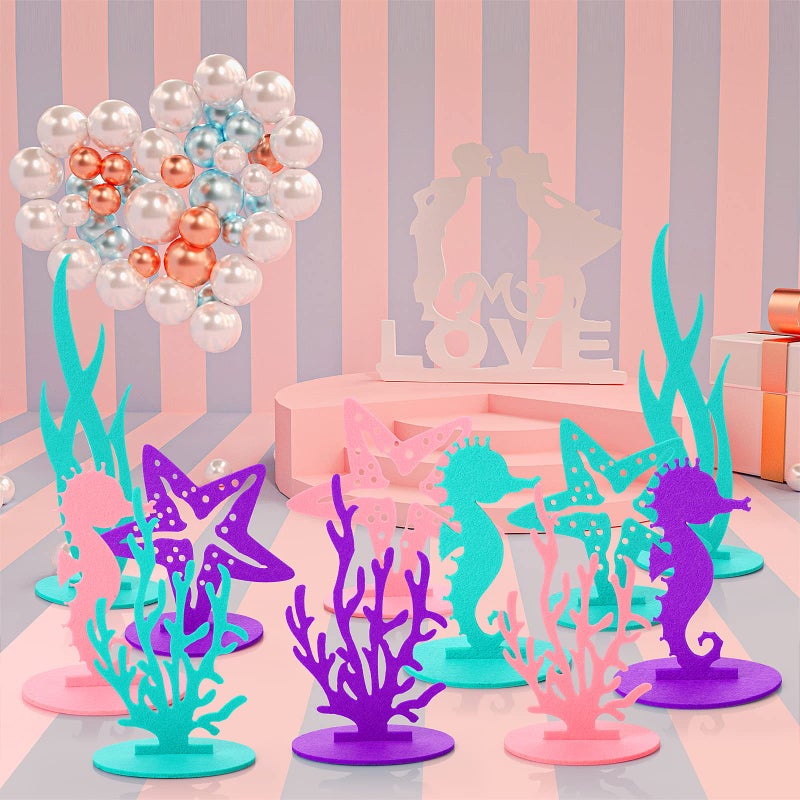 Prasacco 22 Pcs Mermaid Birthday Decorations, Felt Table Centerpiece DIY Under The Sea Party Decoration Seahorse Starfish Seaweed Coral Decoration for Ocean Theme Mermaid Birthday Party Baby Shower - Image 3
