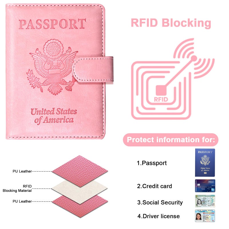 Sizobi Passport Holder for Travel, RFID Passport Cover Wallet for Women Men, Leather Passport Book Card Holder Case for International Travel Must Haves Accessories, Cruise Ship Essentials Gifts, Pink - Image 3