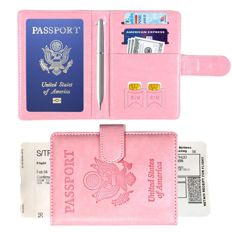 Sizobi Passport Holder for Travel, RFID Passport Cover Wallet for Women Men, Leather Passport Book Card Holder Case for International Travel Must Haves Accessories, Cruise Ship Essentials Gifts, Pink - Image 2