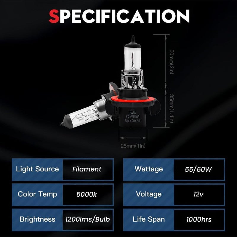 H13 Halogen Headlight Bulb 12V 60/55W Dual Beam, Super Bright Quartz Glass Lamp, OEM Plug and Play Replacement, Long Life Automotive Headlight for Enhanced Night Visibility - Image 4