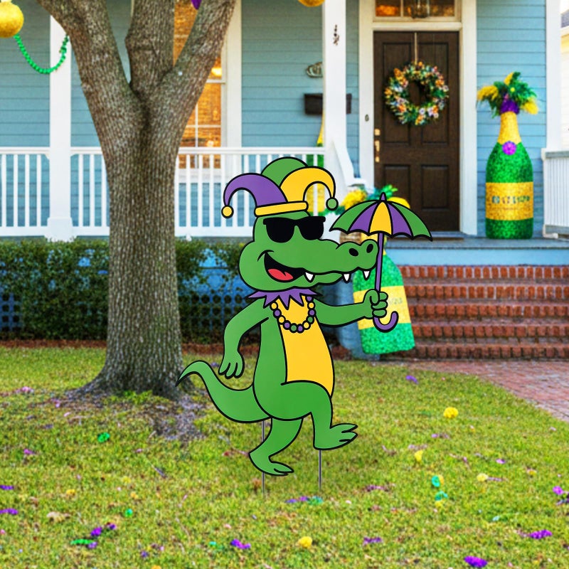 Otoolling Mardi Gras Alligator Yard Sign with Stakes, 20" Outdoor Metal Alligator with Crown Necklace Metal Yard Signs New Orleans Carnival Garden Lawn Decoration for Mardi Gras Party Outdoor Decor - Image 4