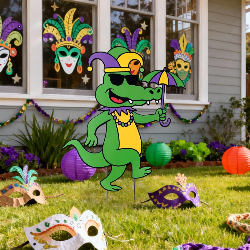 Otoolling Mardi Gras Alligator Yard Sign with Stakes, 20" Outdoor Metal Alligator with Crown Necklace Metal Yard Signs New Orleans Carnival Garden Lawn Decoration for Mardi Gras Party Outdoor Decor - Image 5