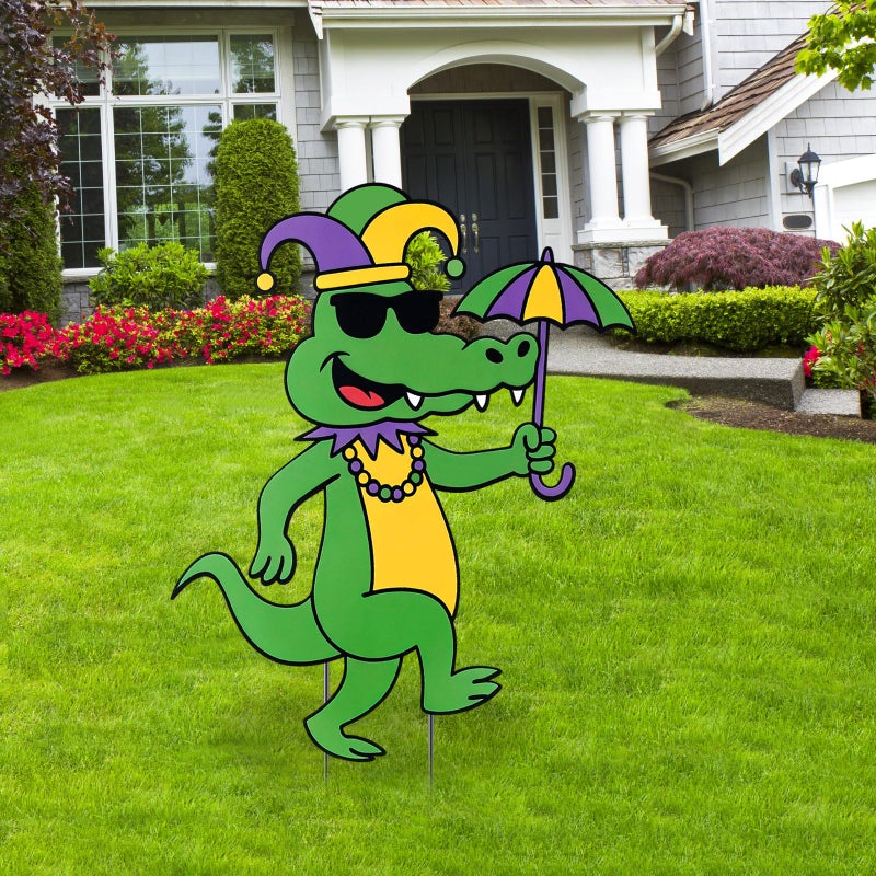 Otoolling Mardi Gras Alligator Yard Sign with Stakes, 20" Outdoor Metal Alligator with Crown Necklace Metal Yard Signs New Orleans Carnival Garden Lawn Decoration for Mardi Gras Party Outdoor Decor - Image 1