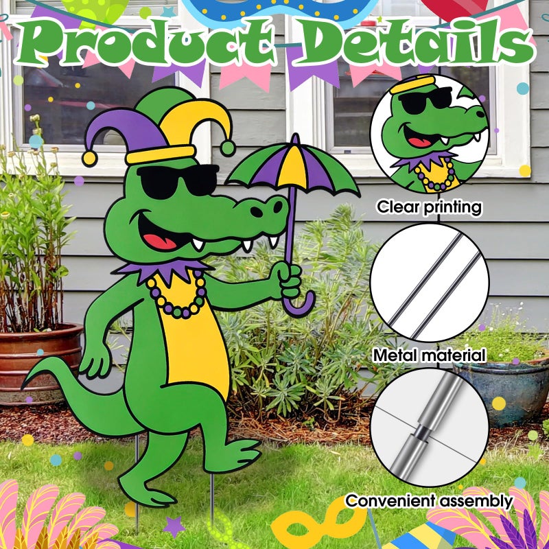Otoolling Mardi Gras Alligator Yard Sign with Stakes, 20" Outdoor Metal Alligator with Crown Necklace Metal Yard Signs New Orleans Carnival Garden Lawn Decoration for Mardi Gras Party Outdoor Decor - Image 3