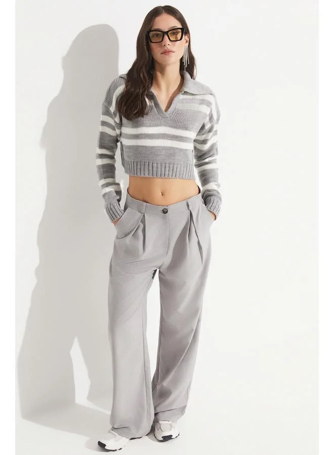 JUNE June Women Striped Collar Detailed Crop Sweater Grey