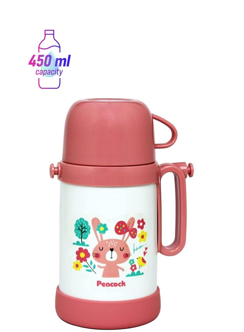Peacock 450ml Stainless Steel Kids Vacuum Water Bottle in Pink with Cute Bunny Design, Insulated Leakproof Travel Drink Flask with Carrying Strap, Handle, and Cup Lid for School and Outdoors - Image 1