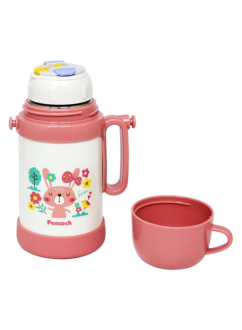 Peacock 450ml Stainless Steel Kids Vacuum Water Bottle in Pink with Cute Bunny Design, Insulated Leakproof Travel Drink Flask with Carrying Strap, Handle, and Cup Lid for School and Outdoors - Image 4