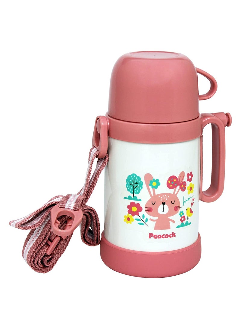 Peacock 450ml Stainless Steel Kids Vacuum Water Bottle in Pink with Cute Bunny Design, Insulated Leakproof Travel Drink Flask with Carrying Strap, Handle, and Cup Lid for School and Outdoors - Image 3