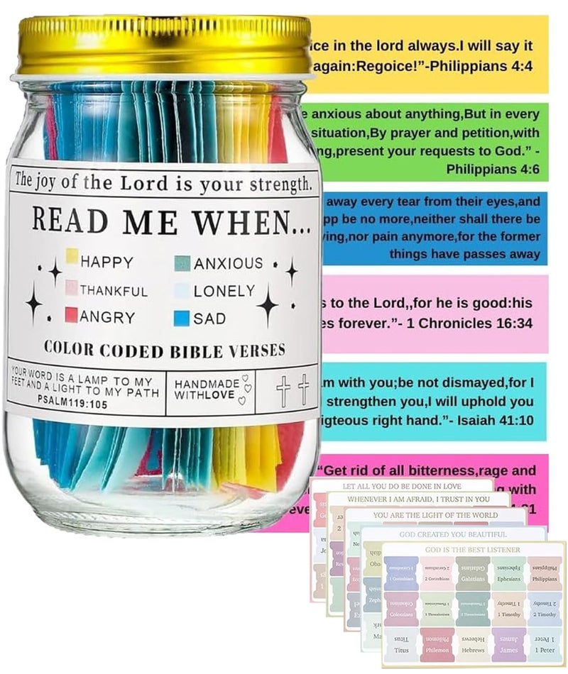 OXYGLOBE 65 Pcs Bible Verse Jar Set, Bible Verse Notes 2.76×4.7 Inch Jar With 60pcs Color-Coded Bible Verses Notes Hope Jar Bible Verses Christian Gifts Church Biblical Faith Gift - Image 1