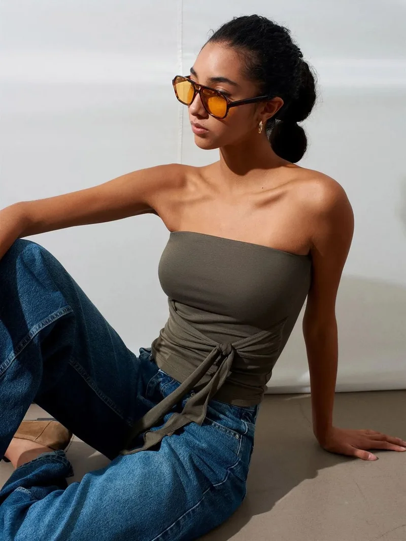 ديلفين Dilvin Strapless Slim-Fit Jersey Blouse With Tie Detail